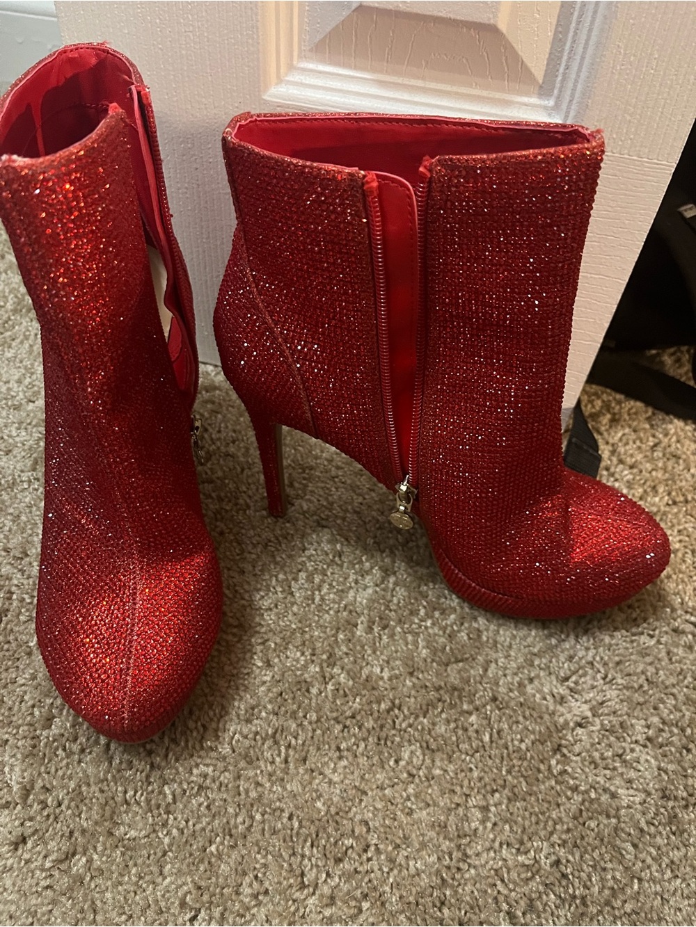 Red Sparkle Stiletto Ankle Boots - Women's Fashion Heels